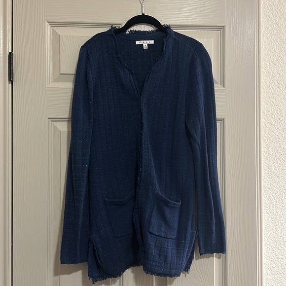 CAbi Duchess Longline Cardigan Sweater Blue Multicolor Flecks Frayed Edge Medium - Picture 2 of 7